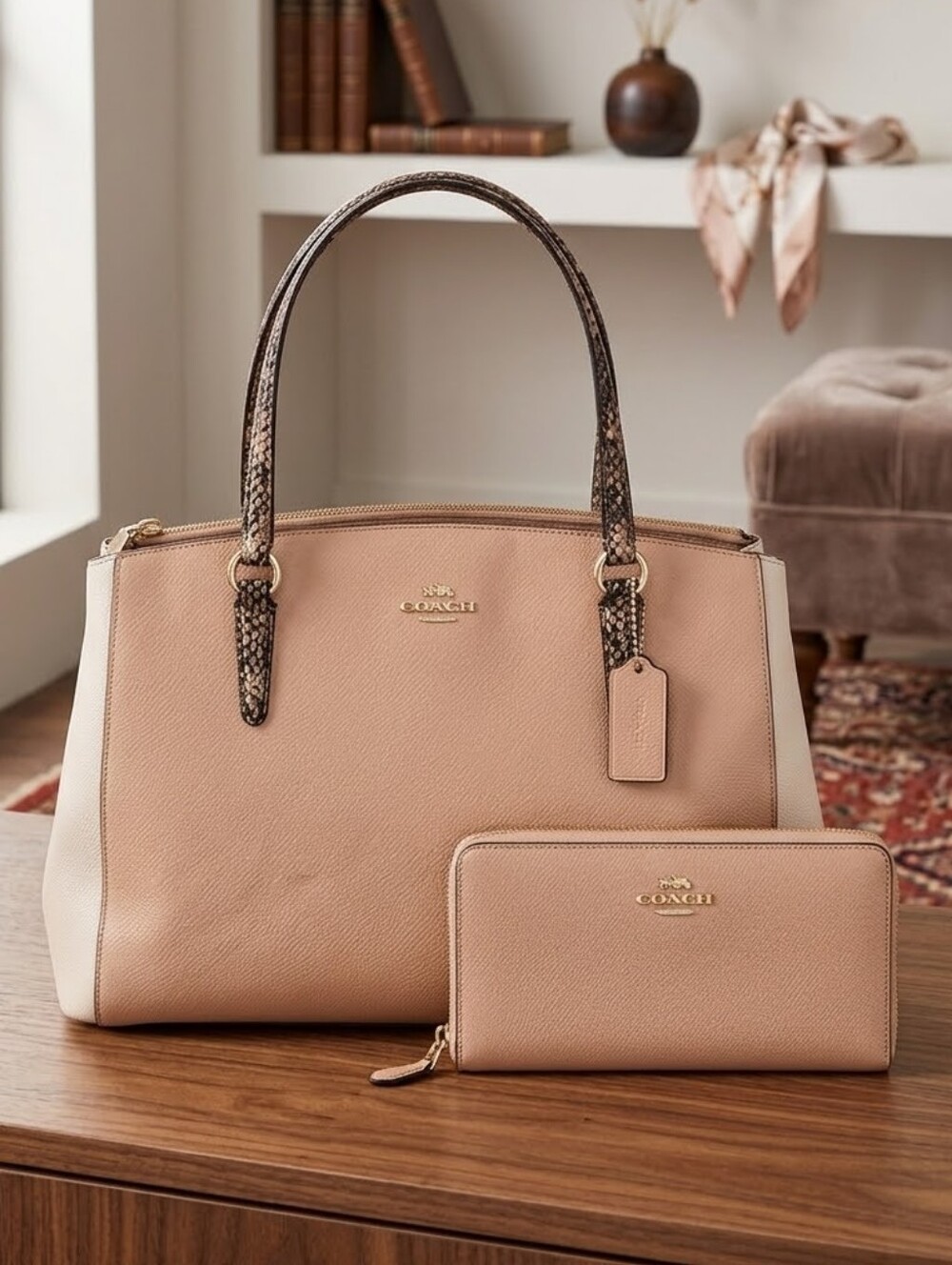 COACH Colorblock Leather Tote & Matching Wallet Set - Nude/Beige/Cream